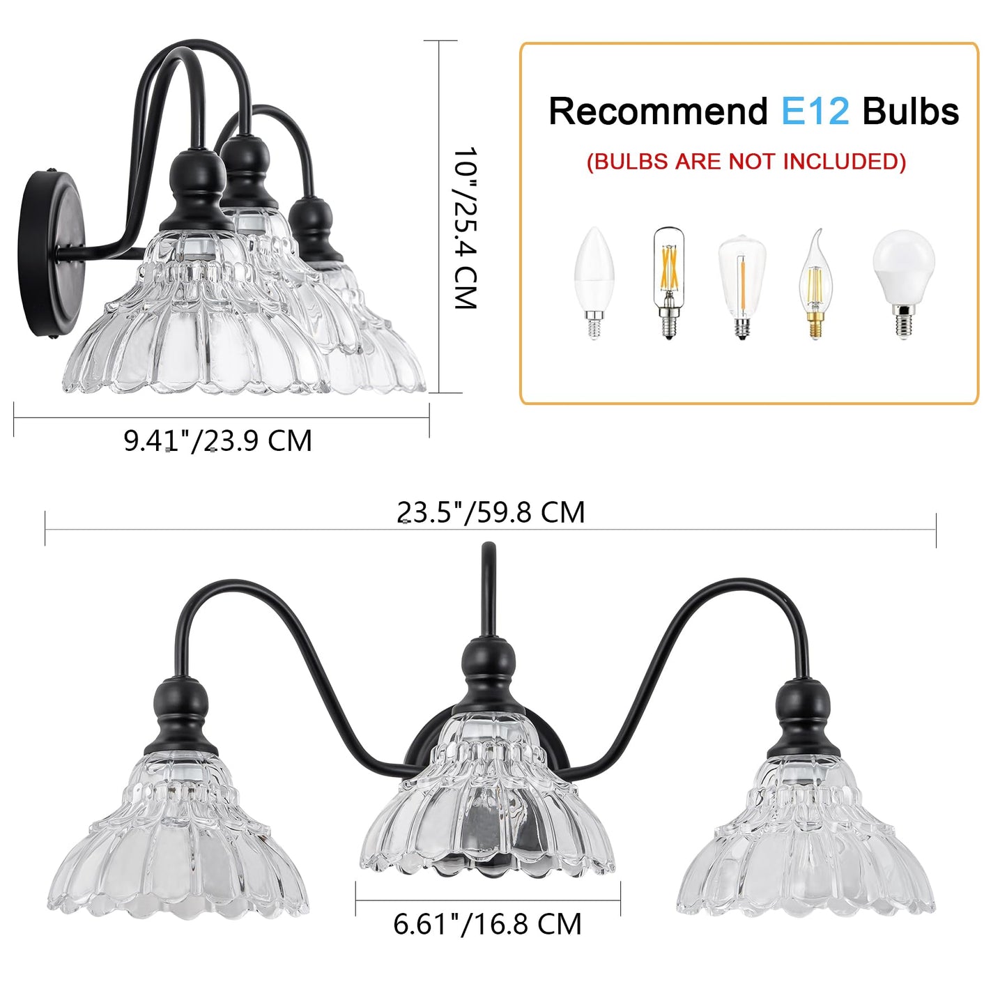 Brknit Vintage Bathroom Light Fixtures Over Mirror  3-Light Black Wall Sconce Lighting With Flower Glass Shade  Farmhouse Vanity Lights For Bedroom Kitchen Living Room Hallway Light