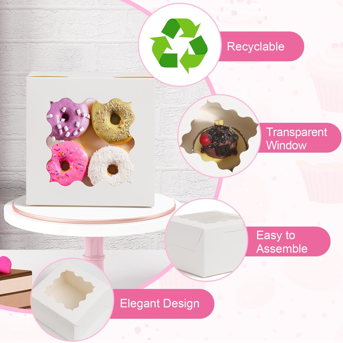 ZYFOTZUN 26pcs White Cookie Boxes with Window, 4x4x2.5 Inches Small Bakery Boxes with 36pcs Stickers, for Mini Cake Cookies Treat Dessert Pastry Donuts Macaroon Strawberries Chocolate Cupcakes Candy