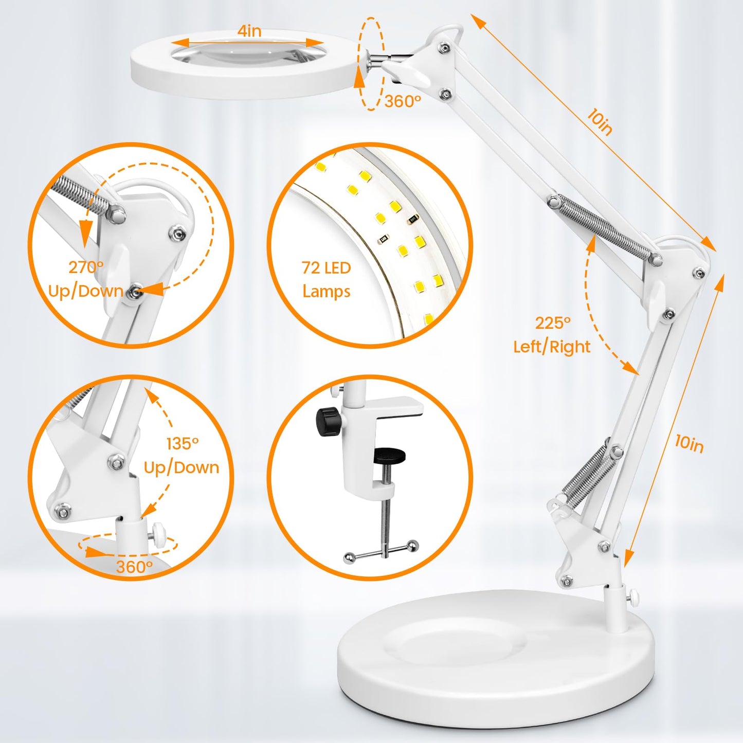 KIRKAS 10X Magnifying Glass with Light, Stepless Dimmable LED Lamp, Clamp, White, Model 10X TJ-WHITE