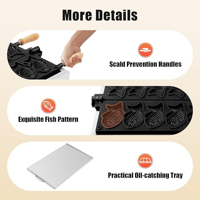 Bepritm Taiyaki Fish Waffle Maker, 2400W Stainless Steel Nonstick Mini Taiyaki Maker with Smart Control, Electric Fish-shaped Waffle Makers for Restaurant Snack Bar Sidewalk Vendors