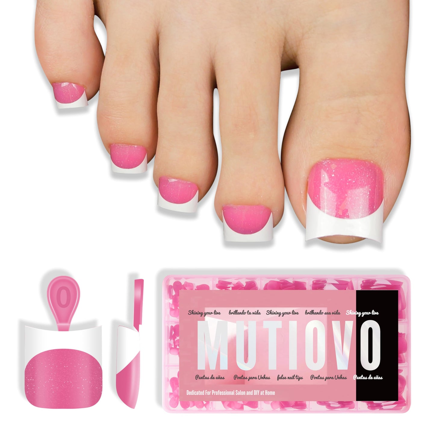 Short Toe Nail Tips White French Tip ROSE PINK Press on with Moon Curve,Soft Gel False Nail Kit,Thick Sharp Square Toenail Exten