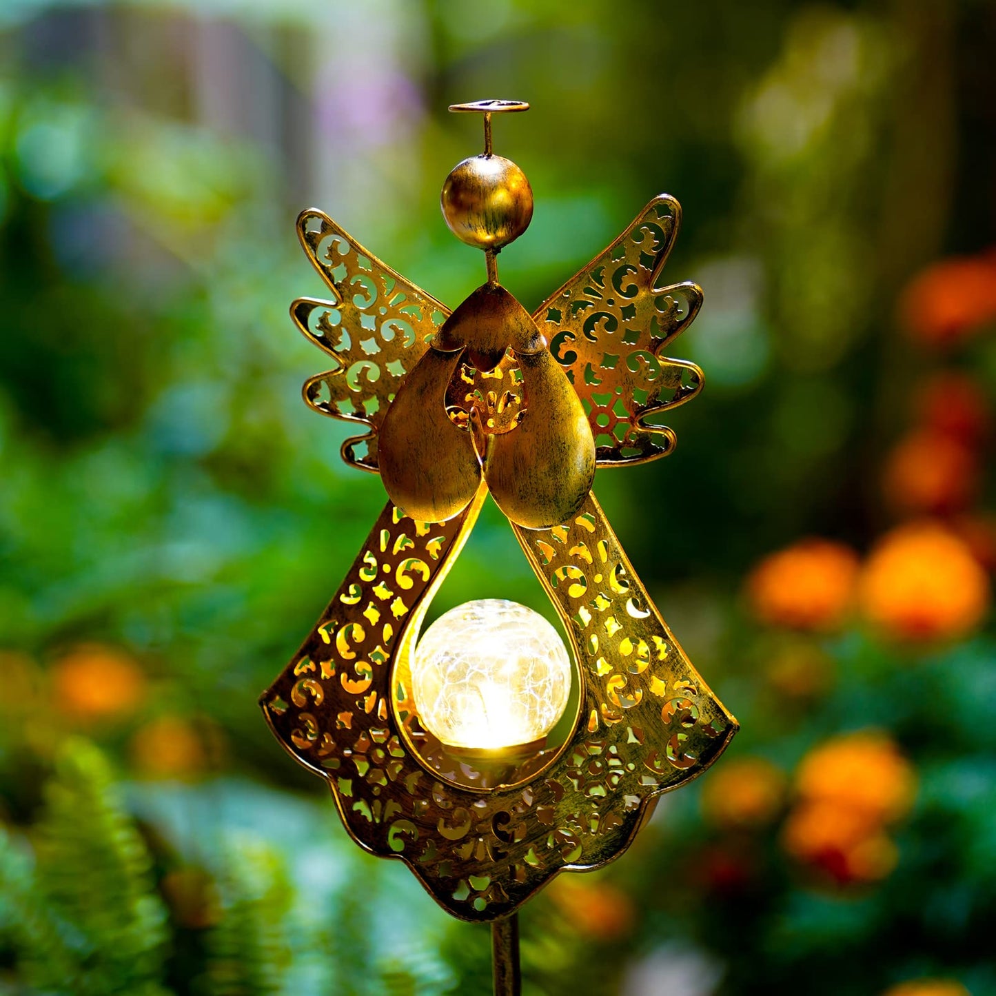 Starryfill Solar Lights Angel Stake with  le Glass Globe, 40.5in Metal Bronze Garden Decor, Warm White LED