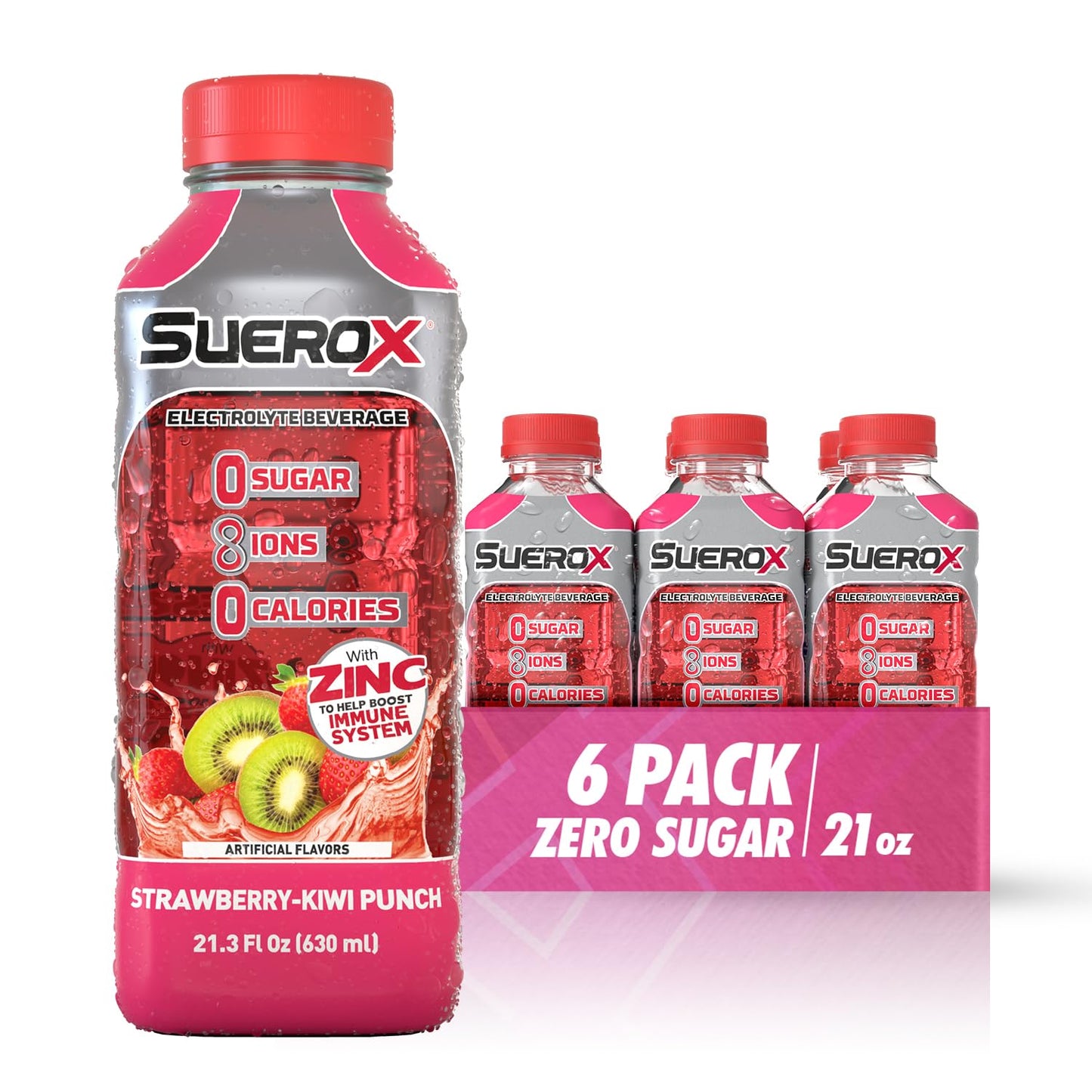 SueroX Sugar Free Sports Drink for Hydration and Recovery  Electrolyte Hydration Drink with 8 Ions  Zero Calorie Sports Drinks  Strawberry-Kiwi Punch  21.3 Fl Oz  6 Count