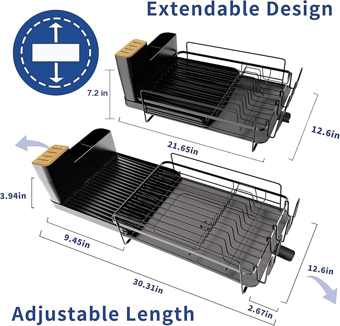 Runnatal Large Dish Drying Rack with Drainboard Set, Dish Rack, Extendable Dish Rack, Utensil Holder, Cup Holder, Expandable Dish Drainer for Kitchen Counter, 21.6"-30.3" L x 12.6" W