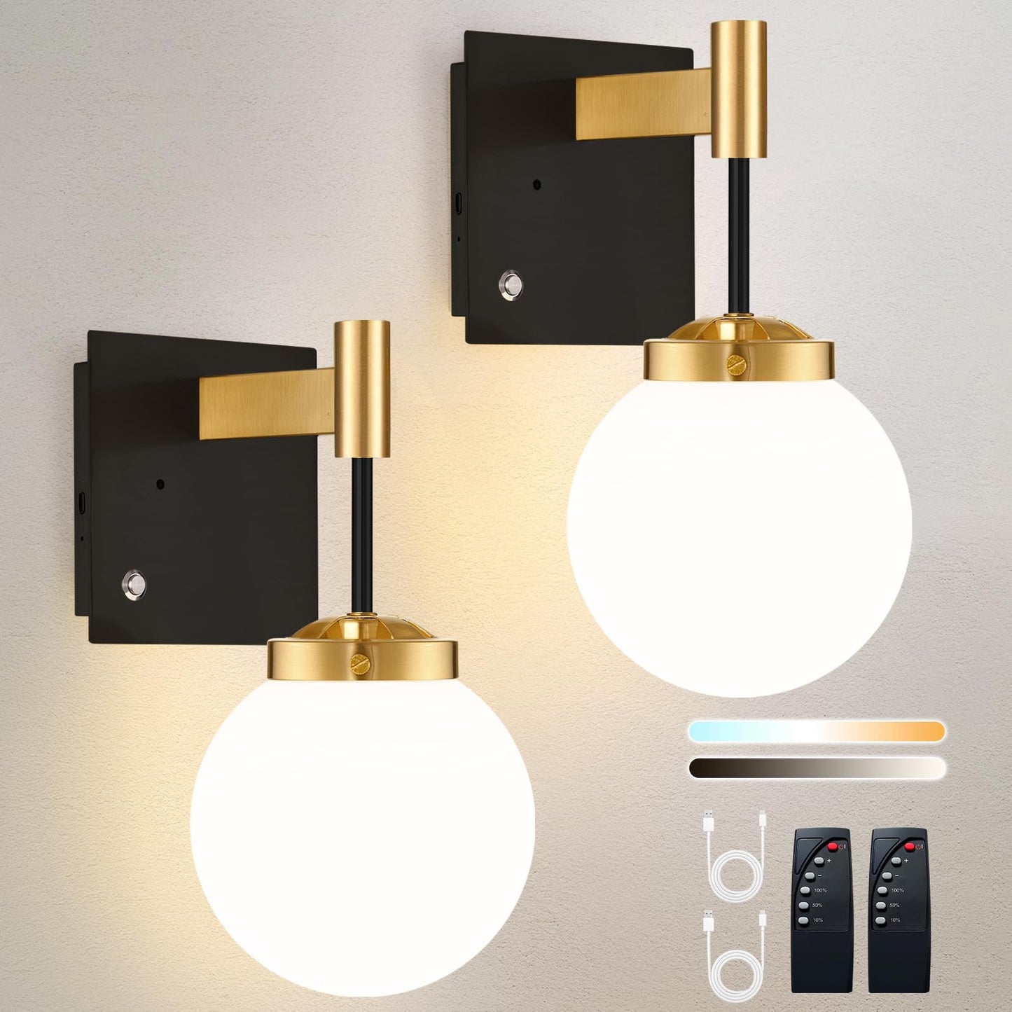 Rayogale Rechargeable Battery Wall Sconce - Wireless, Dimmable, Timer, Remote, Touch Control, Metal, Black Gold, 2 Pack, Model WL-7102-BG-2