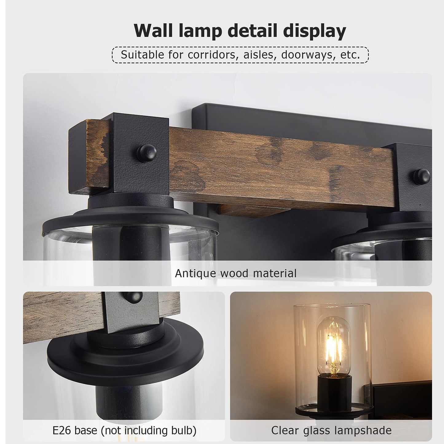 DUJAHMLAND Farmhouse Vanity Light Fixture, 3-Light Rustic Sconce, Antique Wood, Glass Shade, Model B01