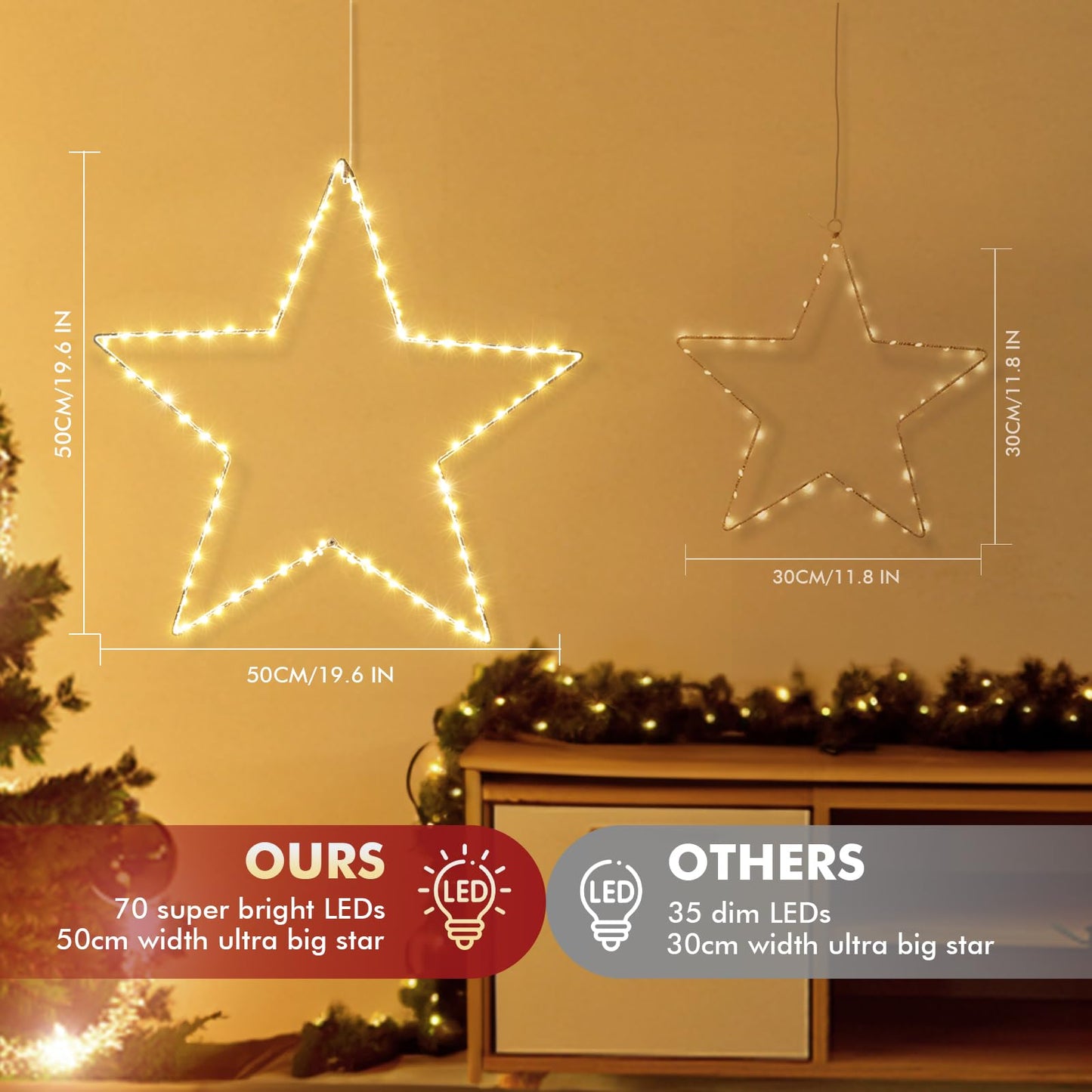 Marchpower Christmas Window Star Silhouette Lights  19Inch 70Led 2 Pack Large Star Lighted Xmas Decoration Battery Operated Twinkle Stars Light Outdoor Timer Lights Wedding Party Home D?Cor-Warm White