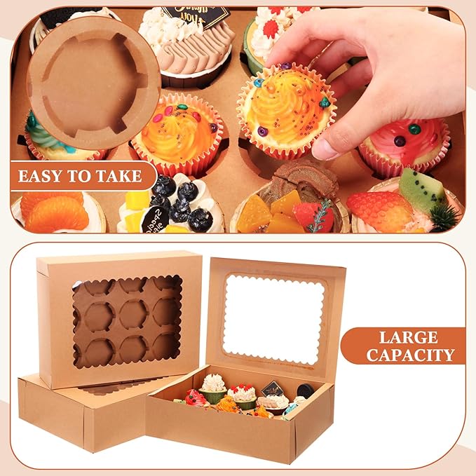 36 Pack Cupcake Boxes Hold 12 Count Christmas Disposable Cupcake Containers with Window and Insert Cake Carrier with Thanks Card and Jute Rope to Muffins Cupcakes Cookies Gift Wrapping(Nature)