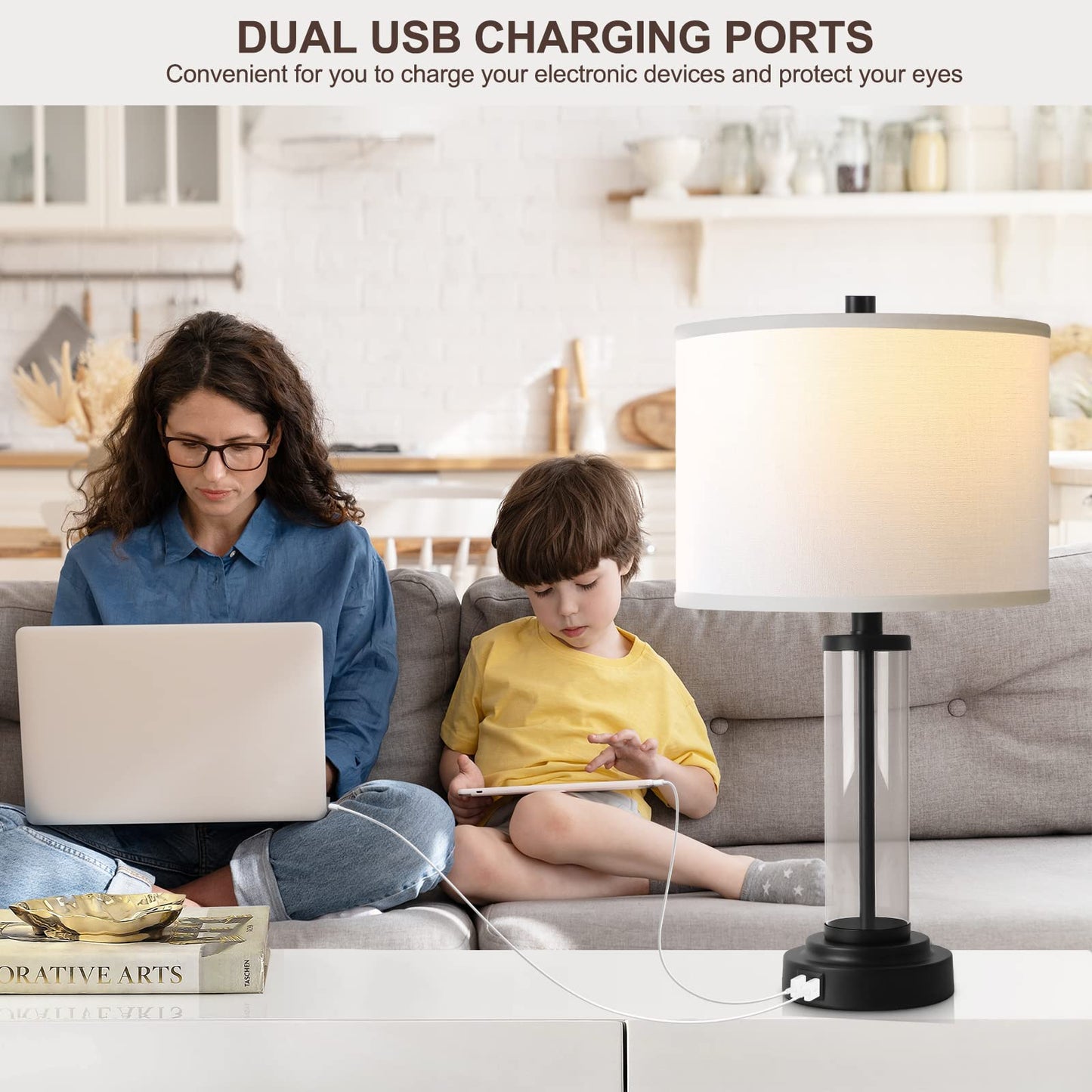 QiMH Touch Control Table Lamps Set of 2, 3-Way Dimmable, USB Ports, Modern Nightstand Lamp, Glass & Metal, Black