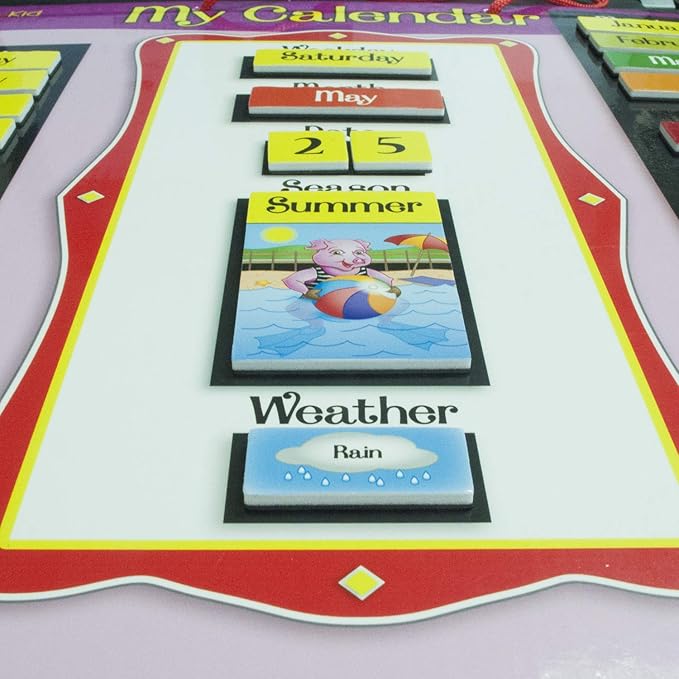 ZazzyKid Magnetic Calendar & Weather Chart for Kids - Preschool Daily Calendar Learning for Days of the Week, Months, Weather & Season Pink