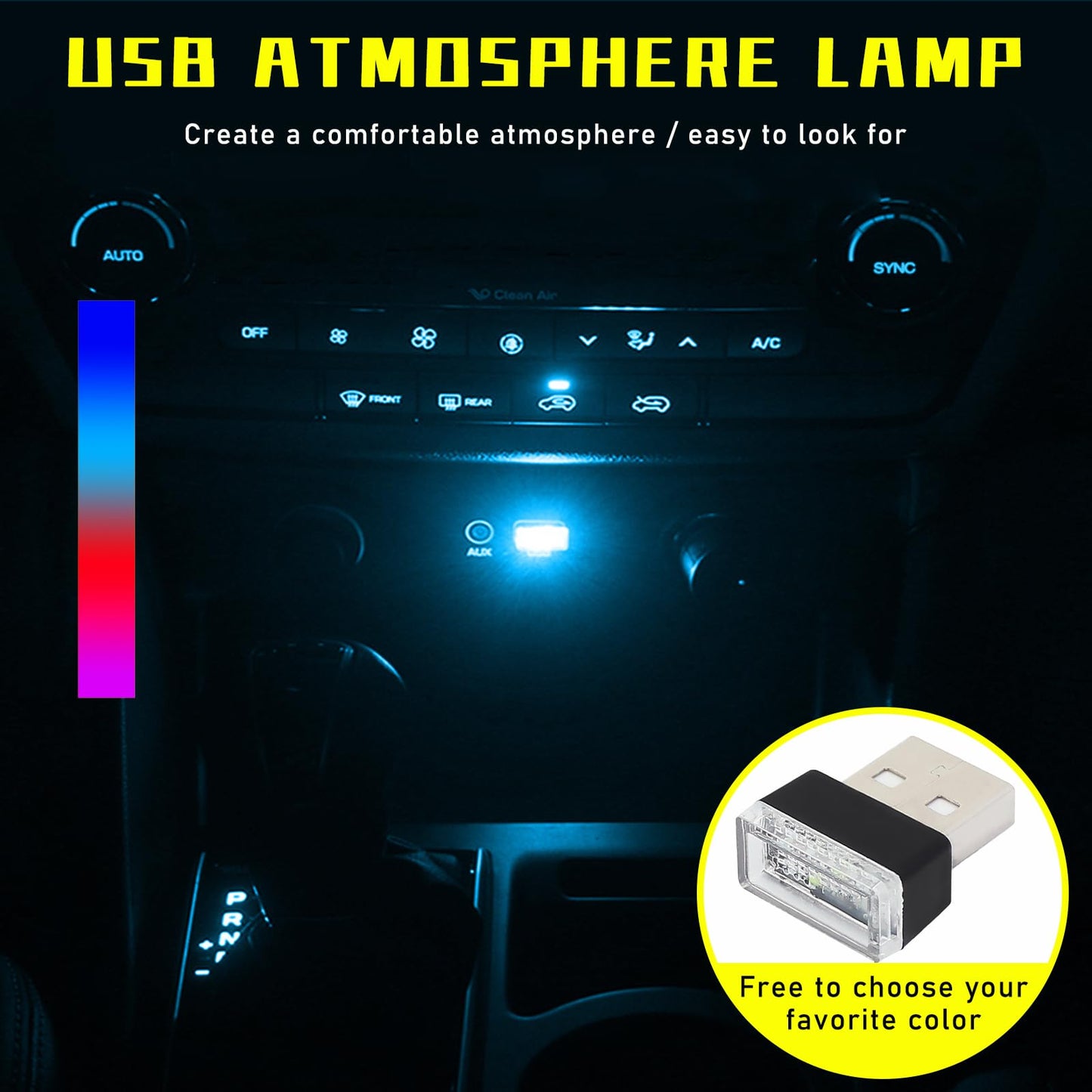 Augeny Usb Led Car Interior Atmosphere Lamp Kit - 4 Pcs, Portable Ambient Lighting, Blue+Ice Blue+Red+Purple