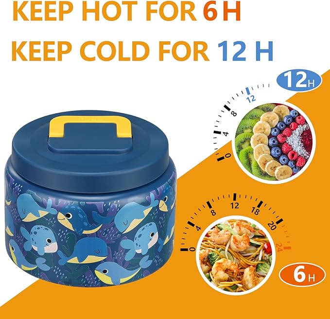 PIQUEBAR 8oz Kids Thermo for Hot Food,Small Lunch Thermos Food Container Stainless Steel,Easy Open Wide Mouth Thermo for Hot Cold Food for Preschool Travel (Blue Whale)
