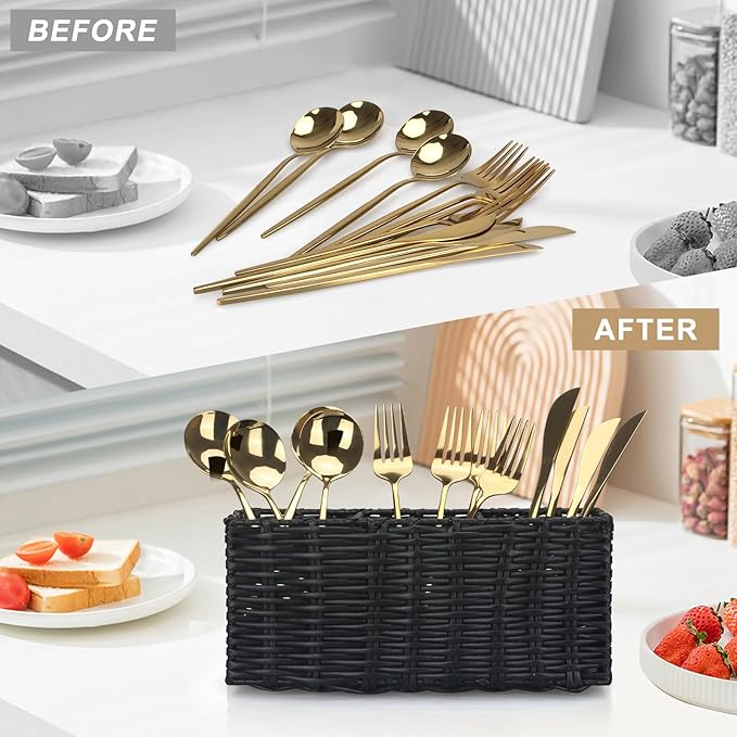 Ayiaren Wicker Silverware Cutlery Holder Black Flatware Utensil Caddy Best Silverwares Organizer Storage for Countertop Party Kitchen Utensils Holder Flatware Silverware Caddy Spoon and Fork Holders