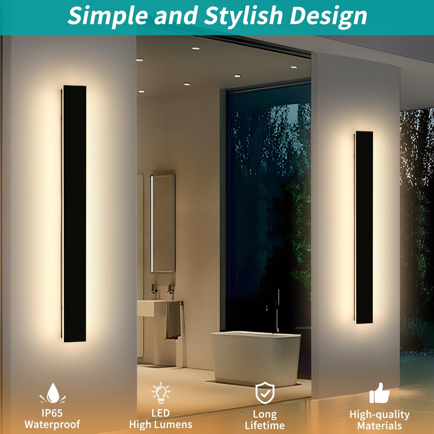 Mikeru 3CCT Dimmable Outdoor Wall Sconce, 47.2in IP65 Waterproof, Modern Black, Remote Control, Model FTBD-ZB2P, 2-Pack