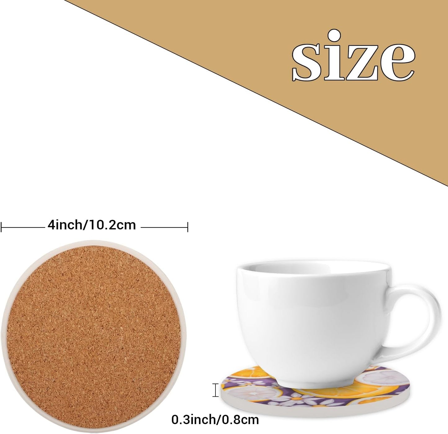 Ceramic Coasters for Drinks with Cork Back, Citrus Slice Daisy 4 Inch Absorbent Coaster Set 1 Pack, Quick Dry Non-Slip Coaster Mats for Home, Office, Bar