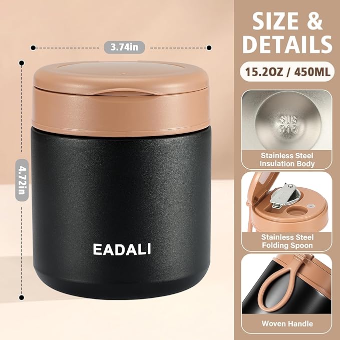 Eadali 15.2 oz Thermo Food Jar for Kids & Adults, Vacuum Insulated Lunch Container 316 Stainless Steel, Hot & Cold Soup Jar with Spoon, BPA Free & Leak Proof