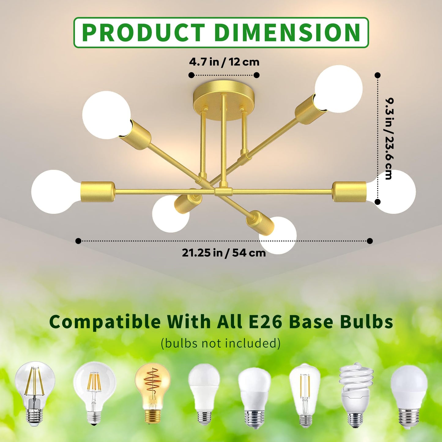 Phaosio Modern Sputnik Chandelier  6-Light 22  Semi Flush Mount Ceiling Light Fixture With E26 Base  Mid Century Industrial Lighting For Bedroom  Dining Room  Living Room-Sparkling Gold
