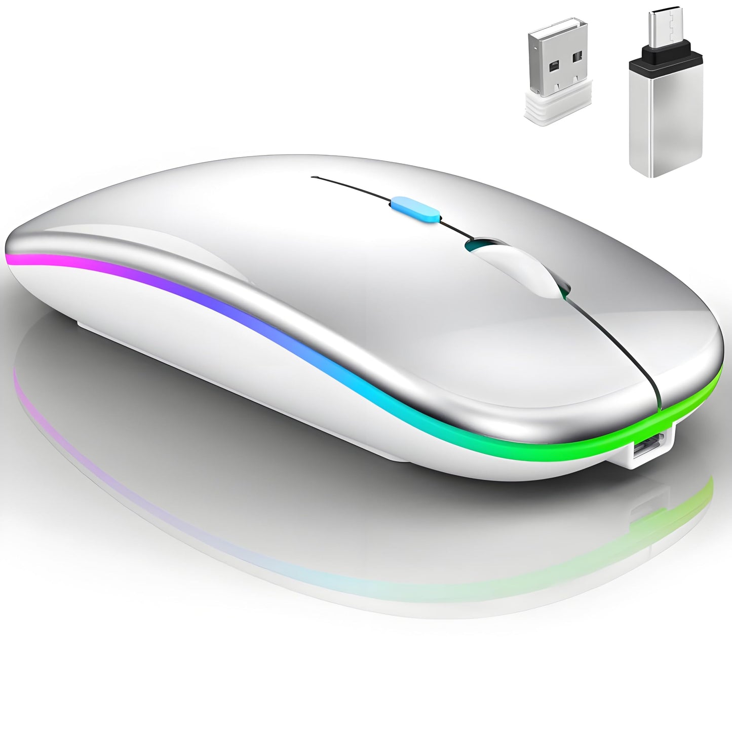 Qullqian Wireless Bluetooth Mouse for MacBook Air/Mac/Pro/Laptop/Computer/PC,Rechargeable Dual Mode Switch Mouse Bluetooth 5.2 & BT3.0 + 2.4GHz USB-A & 2.4GHz USB Type-C (Silver)