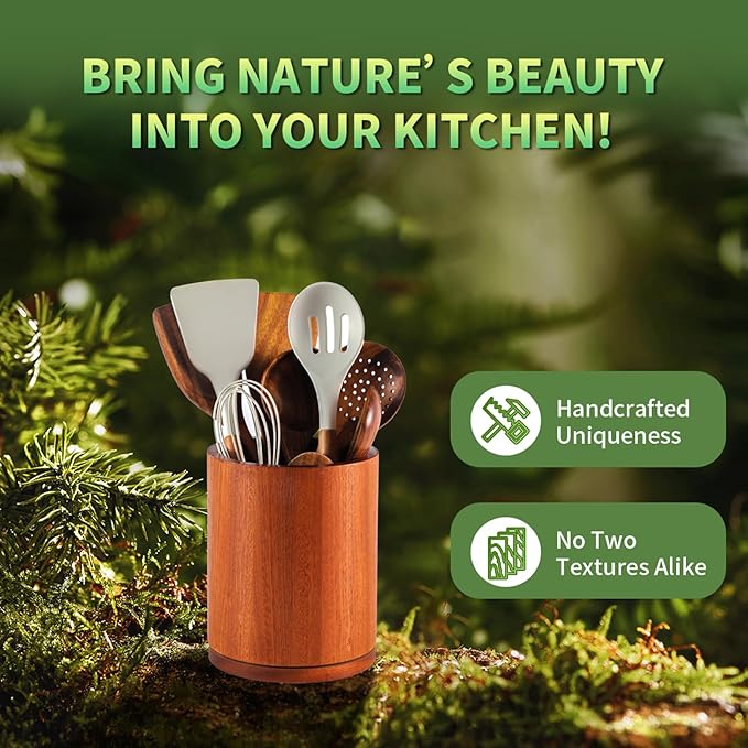 Wooden Utensil Holder, 360°Rotating 7.3'' Large Utensil Holder for Kitchen Counter, Kitchen Utensil Organizer, Utensil Crock, Farmhouse Kitchens Countertop Decor, Sapele Wood