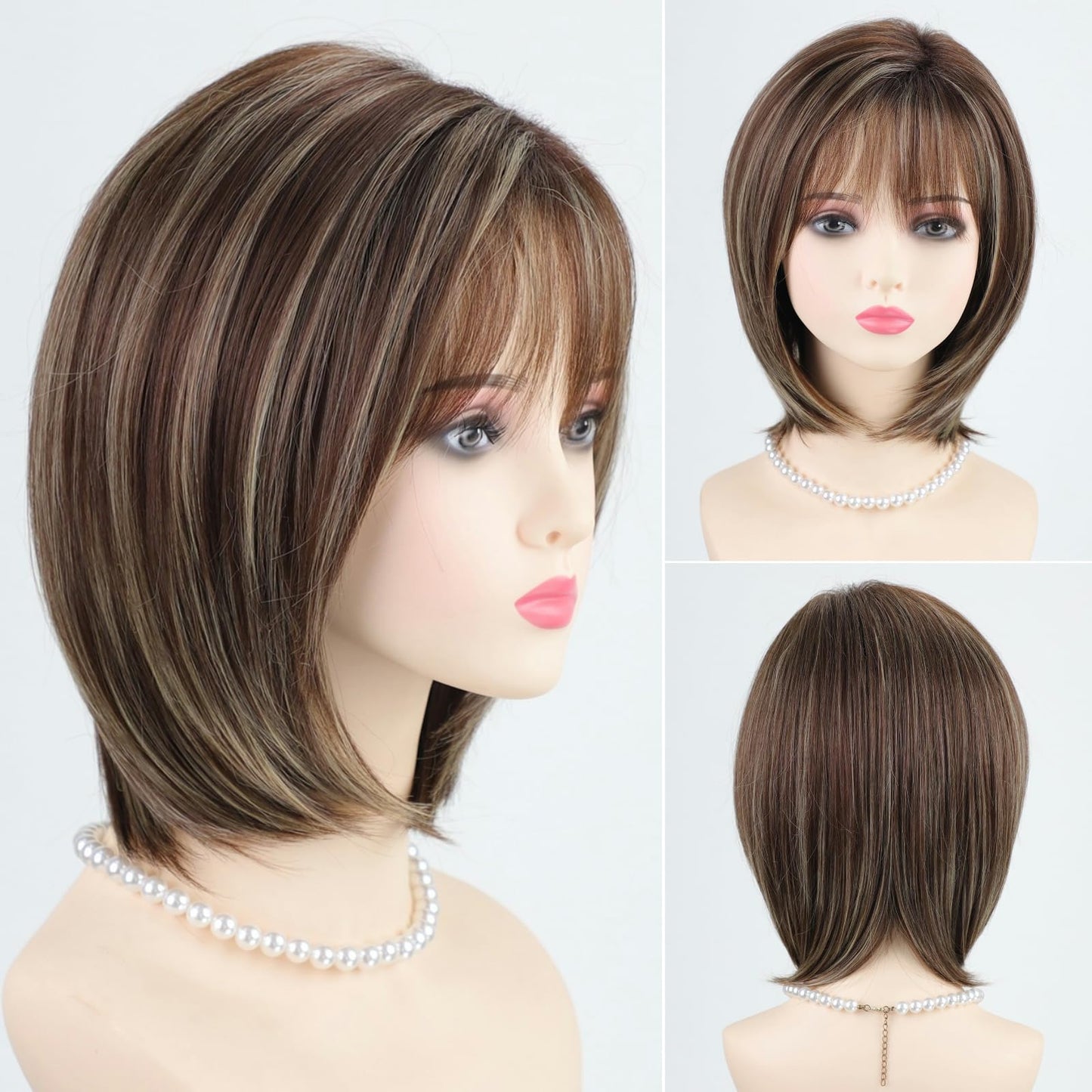 RENERSHOW Ombre Brown with Blonde Highlights Layered Bob Wig with Bangs Medium Length Straight Bob Wigs for Women 12inch Synthet