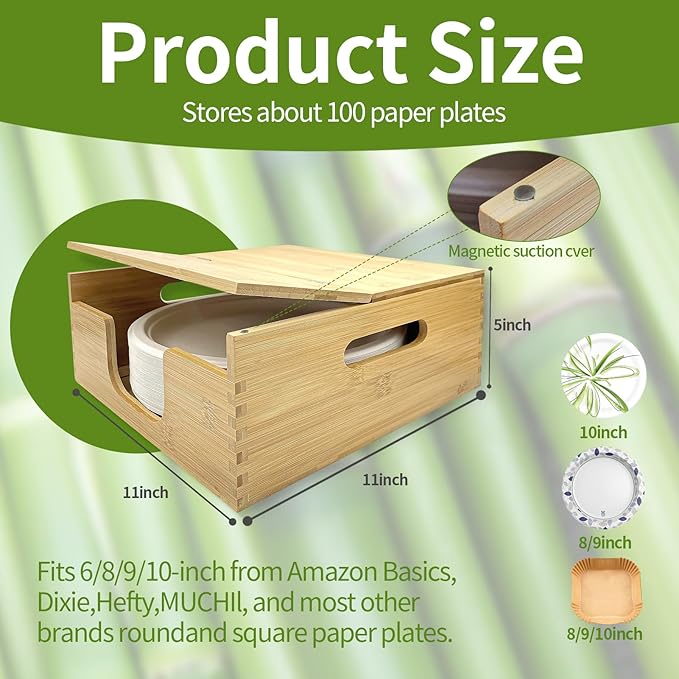 Bamboo Paper Plate Storage,Paper Plate Holders and Dispenser,fit for Kitchen Wall, Countertop and Under Cabinet 8-10in Plates