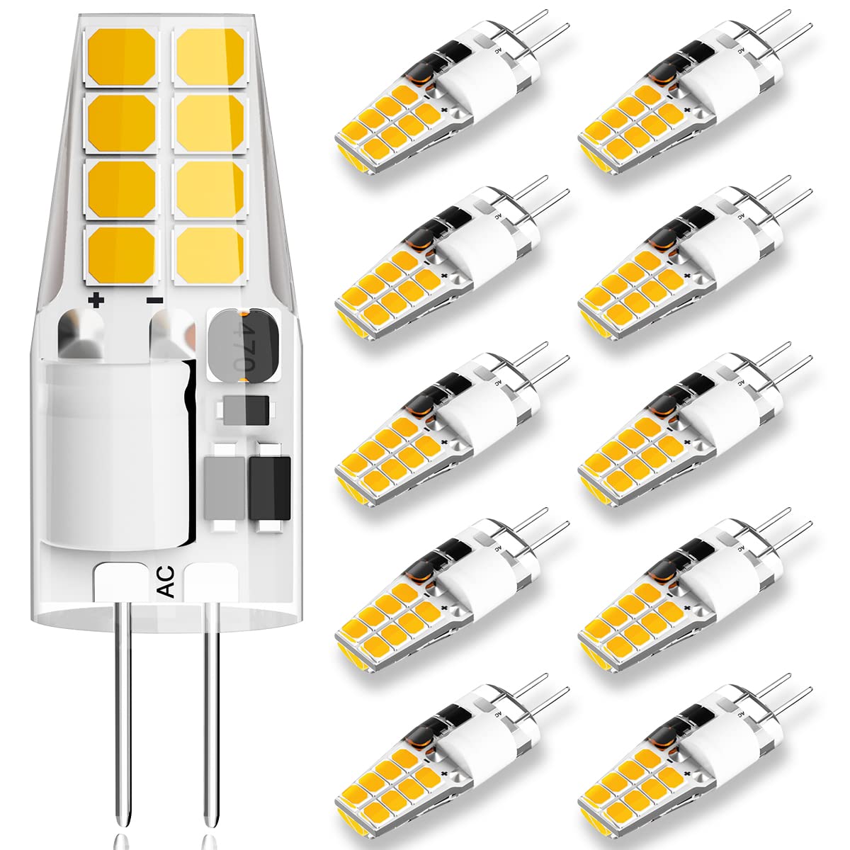 Lacnooe G4 LED Bulb, 3W Equivalent to 20W-25W, Warm White 3000K, 10 Pack, AC/DC 12V, Silica
