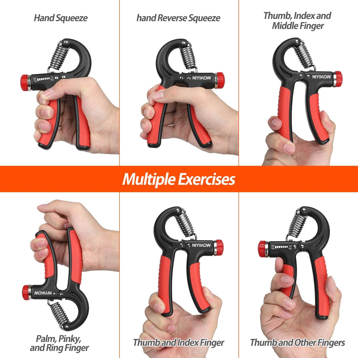 NIYIKOW Grip Strength Trainer, Hand Grip Strengthener, Grip Strengthener, Adjustable Resistance, Forearm Strengthener, Perfect for Musicians Athletes (Orange, 1 Pack)