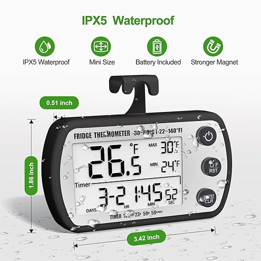 Digital Refrigerator Thermometer 2 Pack, Waterproof Fridge Thermometer, 2.25IN Large Screen Freezer Thermometer, Max/Min Record Function,Timer Function(Black)