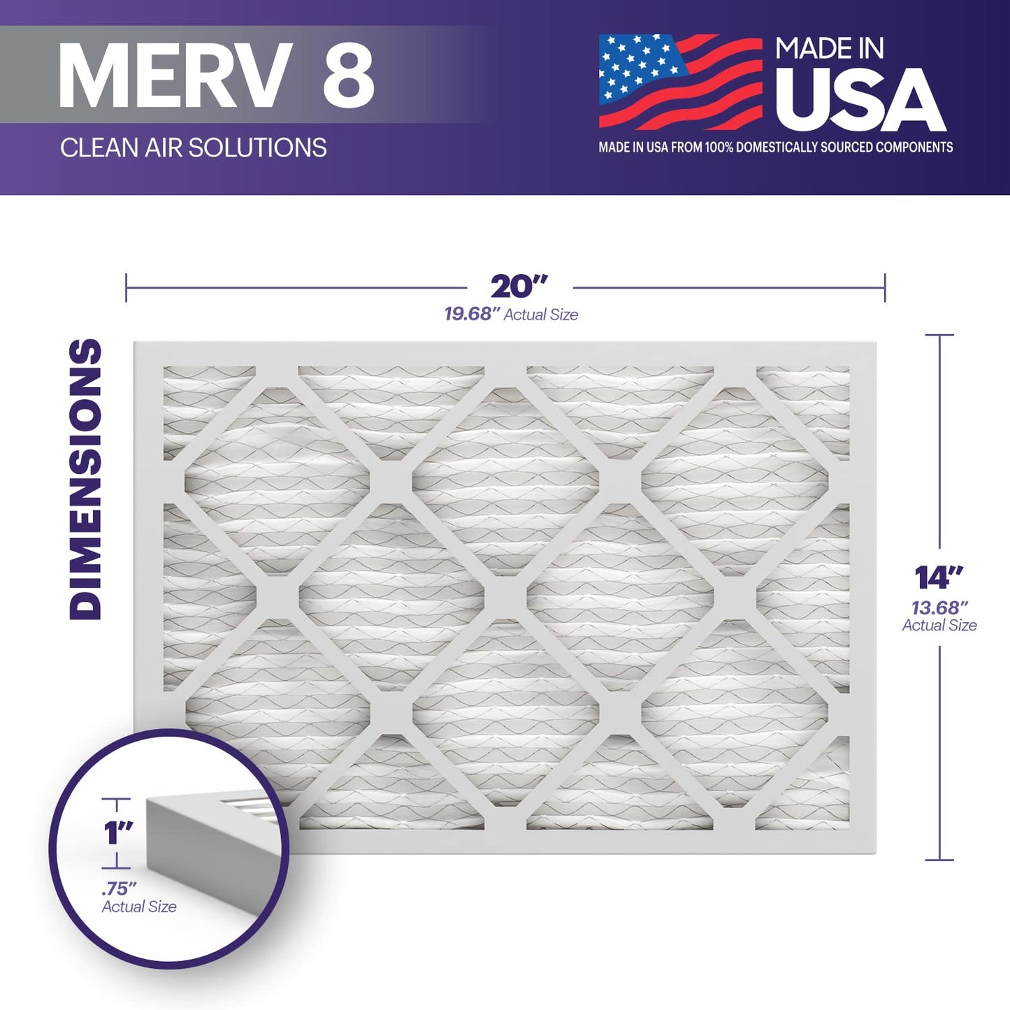 Bnx Trufilter 14X20X1 Air Filter Merv 8 (6-Pack) - Made In Usa - Dust & Pet Defense Electrostatic Pleated Air Conditioner Hvac A