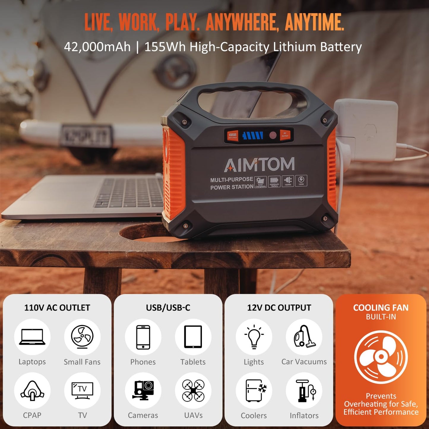AIMTOM 155Wh Portable Power Station - 42000mAh Lithium Battery, 150W Peak, Solar Charging, 7.48"x6.69"x3.54", Model