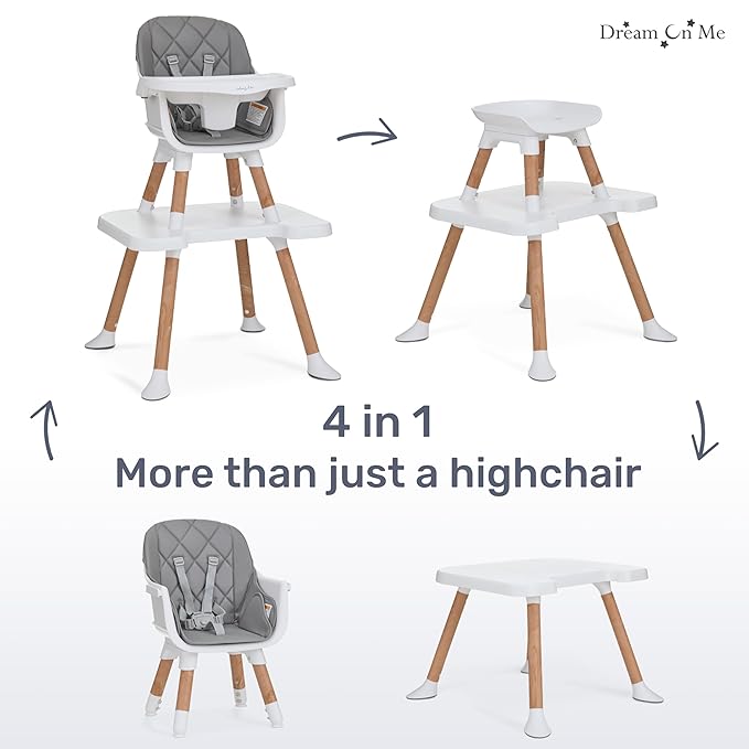 Dream On Me Luna 4-in-1 Convertible Baby High Chair in Cool Gray, Transforms into Booster, Toddler Seat & Table Set, Adjustable and Removable Tray Portable High Chair