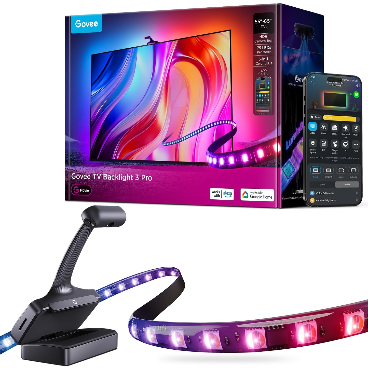 Govee TV Backlight 3 Pro with HDR Triple Camera, 11.8ft 5-in-1 RGBWWIC LED Strip Lights That Change with 55-65 Inch TVs, 75LEDs/m, Supports AI Filter, Smart App and Voice Control, DreamView Sync