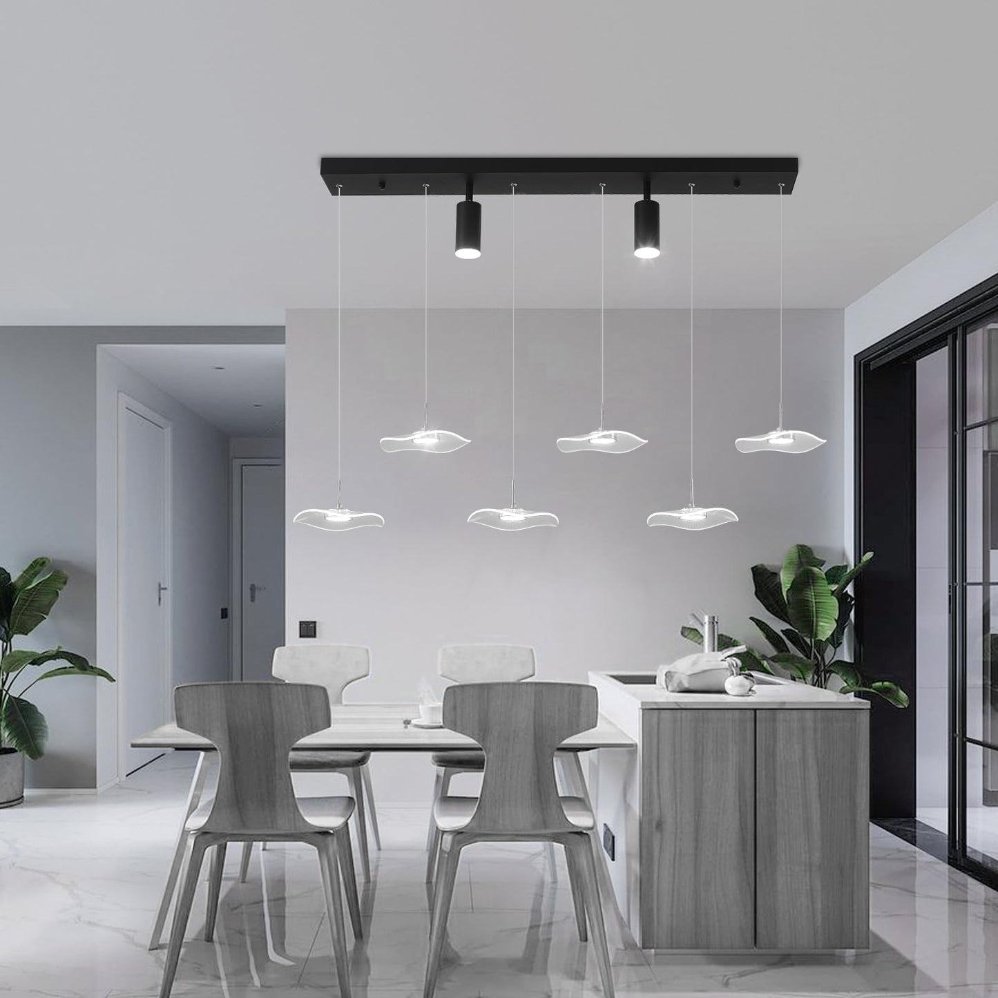 Siittoo Modern Chandeliers For Dining Room  40In Dimmable Led Pendant Lights Kitchen Island With Remote Control  Adjustable Height Kitchen Island Lighting Fixture With Spotlights(34W  6-Light)