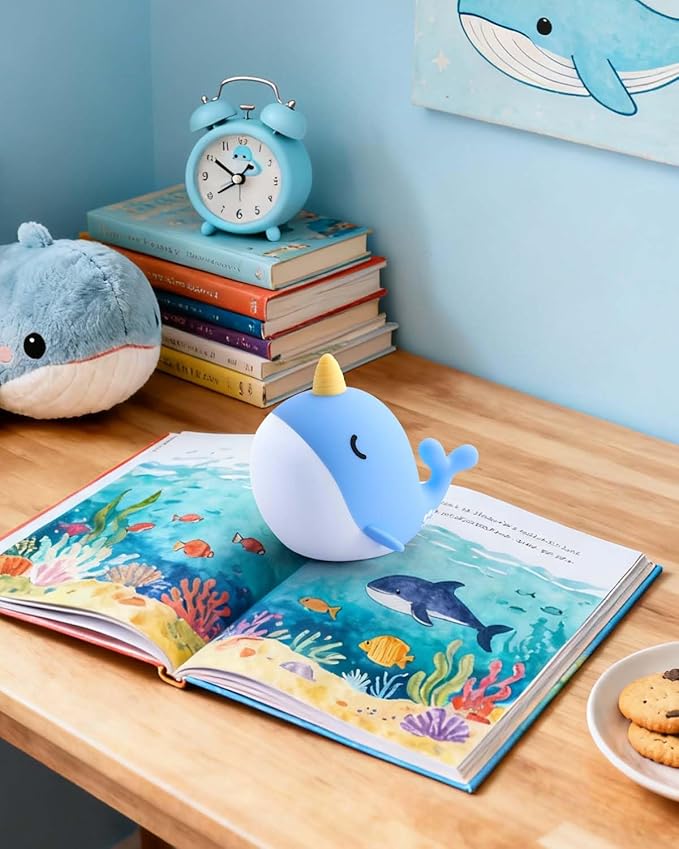 Fuloon Narwhal Night Light with Whale Shape, Squishy Silicone Kids Lamp, Safe & Soothing Touch Control for Kids and Babies, USB-C Rechargeable, 30-Min Auto Timer, Gift Idea (Blue)