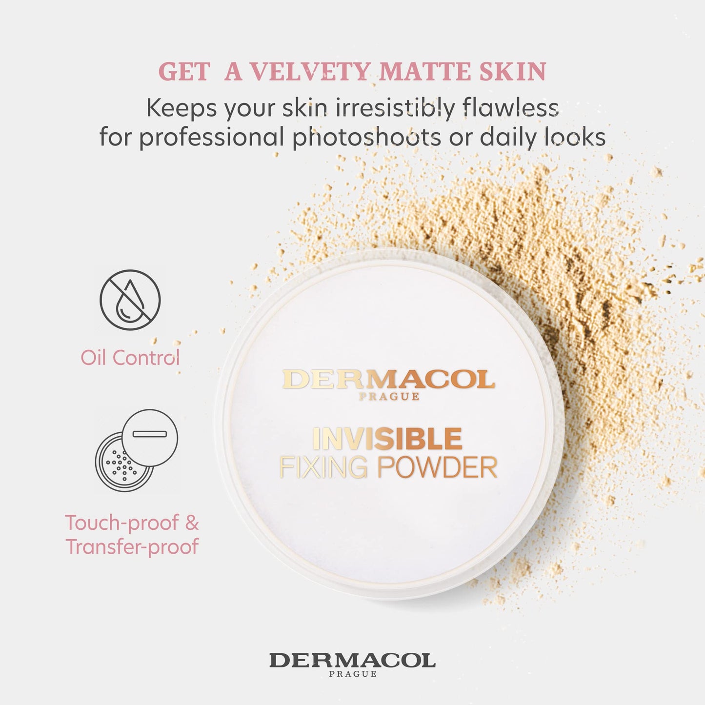 Dermacol - Invisible Fixing Face Powder, Touch-proof Translucent Setting Powder for Oily Skin & Other Skin Types, Loose Powder M