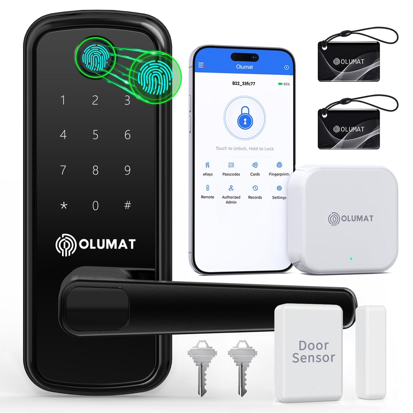 Smart Door Lock with Handle: Olumat Keyless Entry Door Lock with WiFi Gateway-Fingerprint Lock with Door Sensor -Smart Locks for Front Door with Keypad