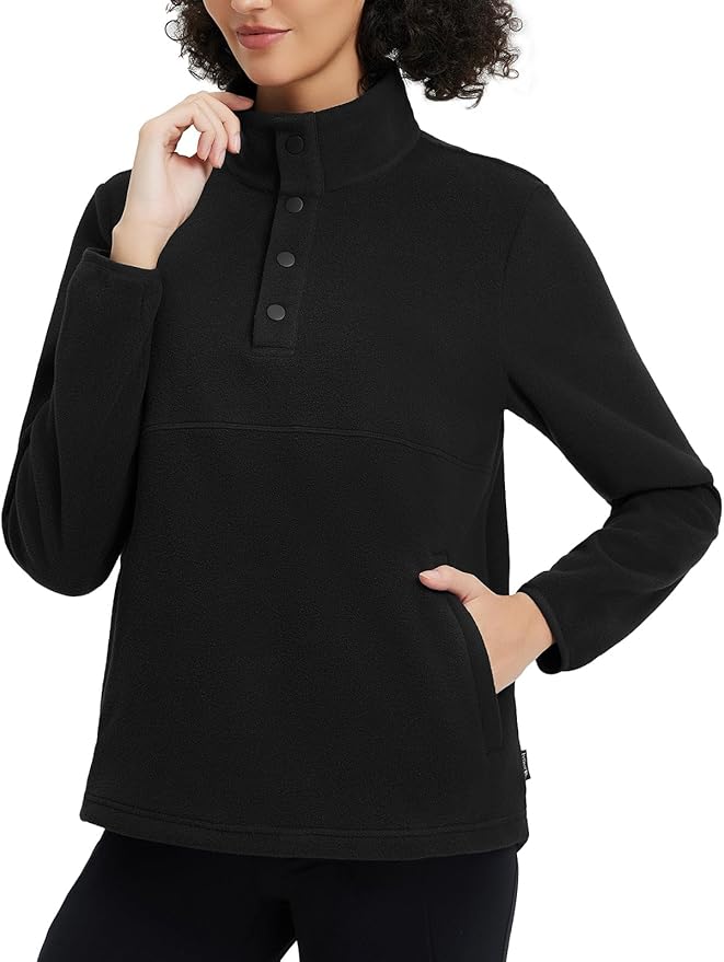 baleaf Women's 1/4 Buttom Down Fleece Pullover Thermal Long Sleeve Shirts Ski Mid Layer with Pockets Thumbhole Warm Tops