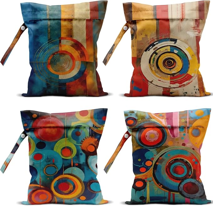 4 Pack Cute Wet Bag Waterproof Washable Reusable Wet Dry Bag for Swimsuit Dirty Clothes Diaper Travel Beach Pool Christmas Toiletries Beach Essentials，Abstract Red Blue Yellow Vivid Circular Decor