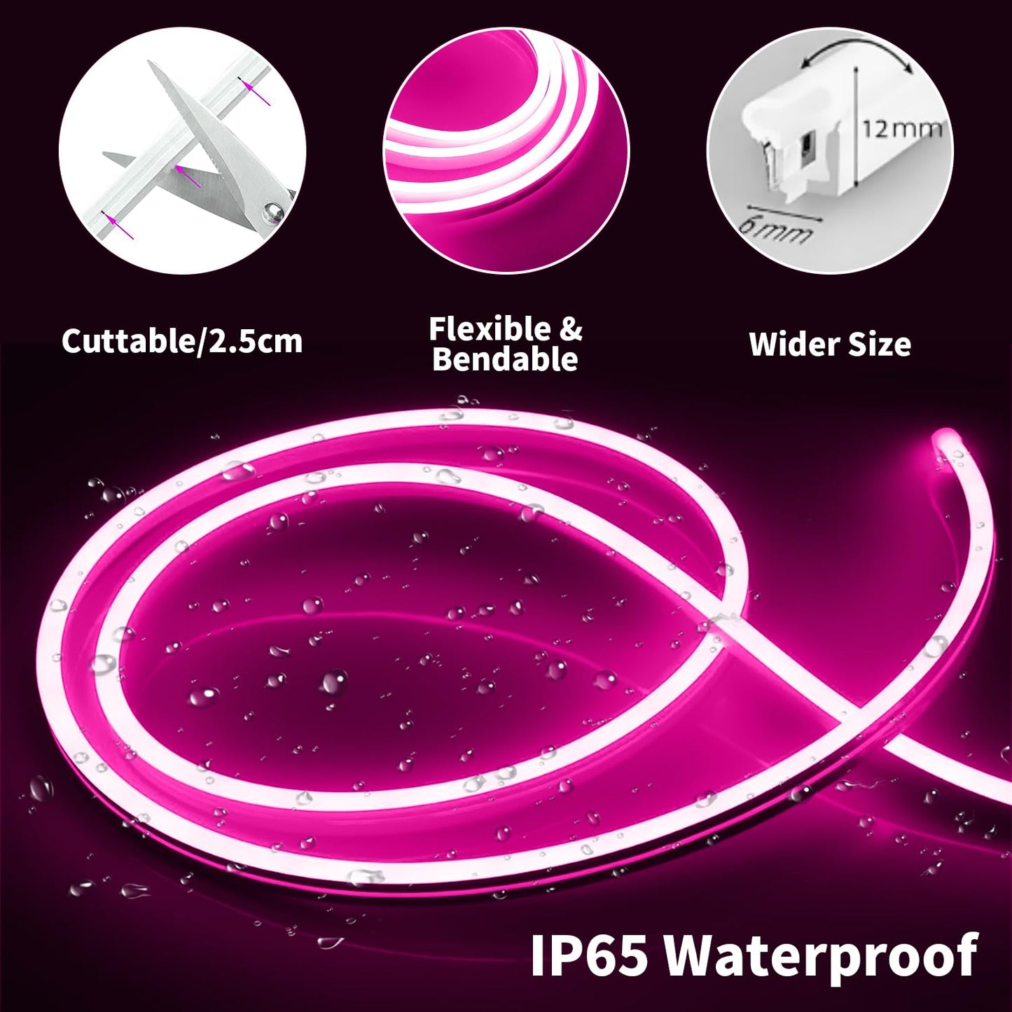 iNextStation LED Strip Lights, 16.4ft Neon Rope Light, Waterproof Silicone, Pink, Model 12V6*12, Includes Adapter