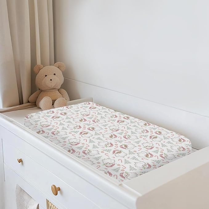 Pastel Santa Christmas Trees Baby Changing Pad Covers for Boys Girls Pink Santa Claus Candy Fitted Changing Table Cover Mats Winter Holiday Festive Soft Diaper Change Table Cover Sheets 32''×16''