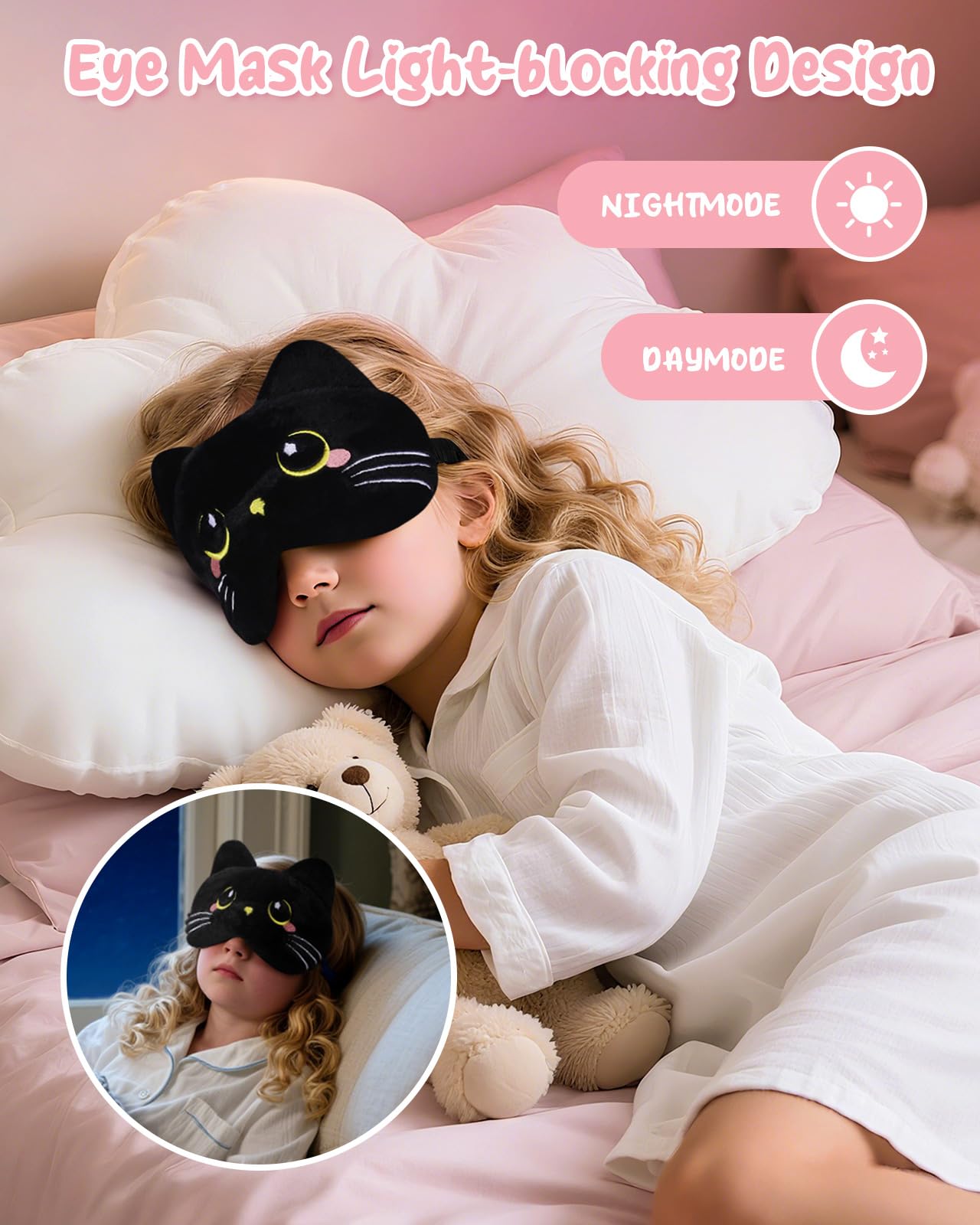 Miss Adola Sleep Mask for Kids - Cute Cartoon Plush Fuffy Sleeping Eye Cover Black Cat Kawaii Soft Eyeshade with Adjustable Strap Animal Eye Blindfold for Kids Girls Boys Teens