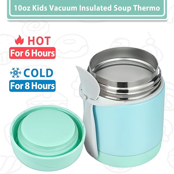 Soup Thermo for Kids - 10oz Insulated Food Jar with Spoon, Leak Proof Stainless Steel Wide Mouth Lunch Thermo Jar for School (Mint-Green)