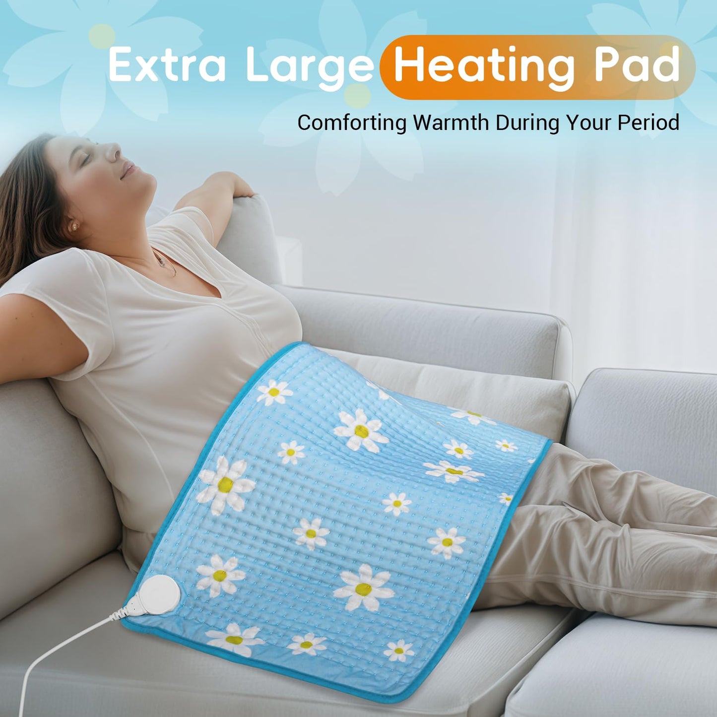 Comfytemp Extra Large Heating Pad for Back & Period, 33''x 17'' King Size Heat Pad Soft and Stylish, FSA Eligible, HSA Approve Electric XL Shoulder/Neck/Knee Heated Pad, Washable (Blue & Daisy Print)