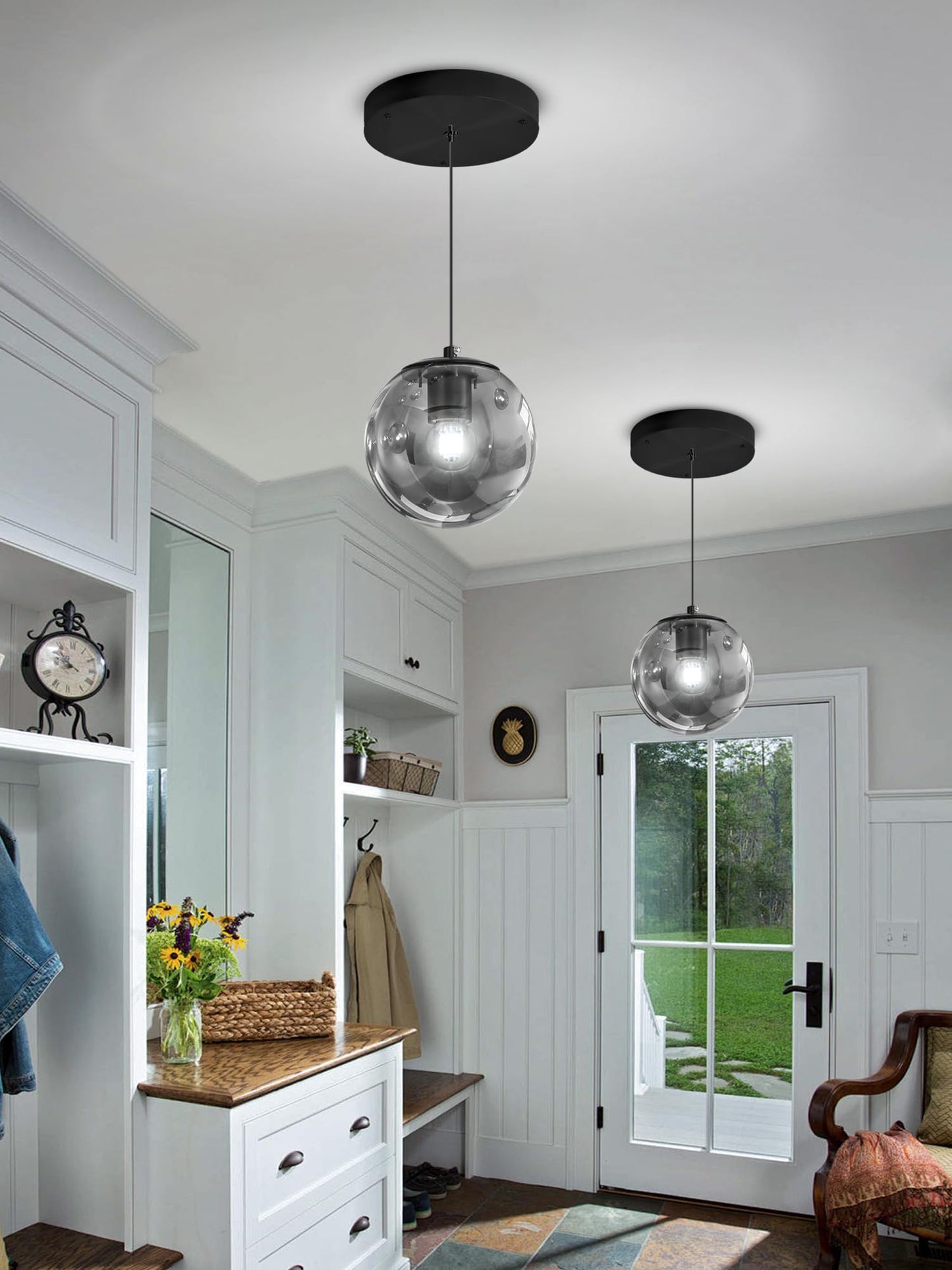 Ykolupty 1-Light Black Pendant Light Fixtures Modern Smoke Gray Glass Globe Pendant Lights Kitchen Island Adjustable Hanging Lights Globe Stairwell Lighting Black Chandelier For Dining Room