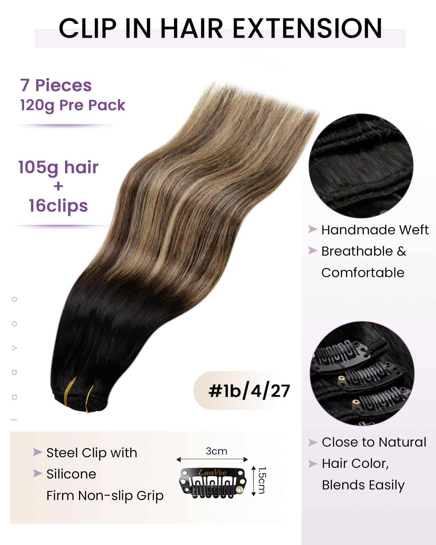 LaaVoo Clip in Hair Extensions Real Human Hair Black Ombre Dark Brown Mix Caramel Blonde Hair Extensions Clip ins Human Hair Bal