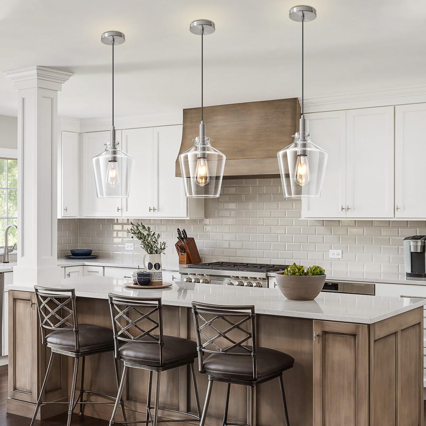 Vaziden Modern Glass Pendant Lighting For Kitchen Island  Farmhouse Nickel Pendant Light Fixtures 1 Pack  Adjustable Hanging Ceiling Light Angled Clear Glass Shades 8 Inch