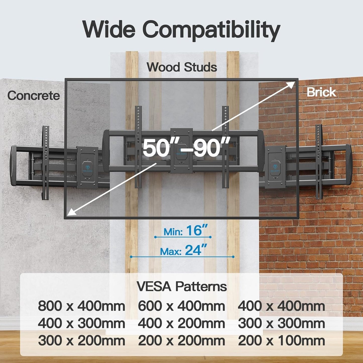 PERLESMITH Full Motion TV Wall Mount for 50”-90” TVs up to 165lbs, TV Mount Bracket with Dual Articulating Arms Swivel Tilt Extension, Max VESA 800x400mm, Fits 16”18” to 24" Studs, PSXFK1