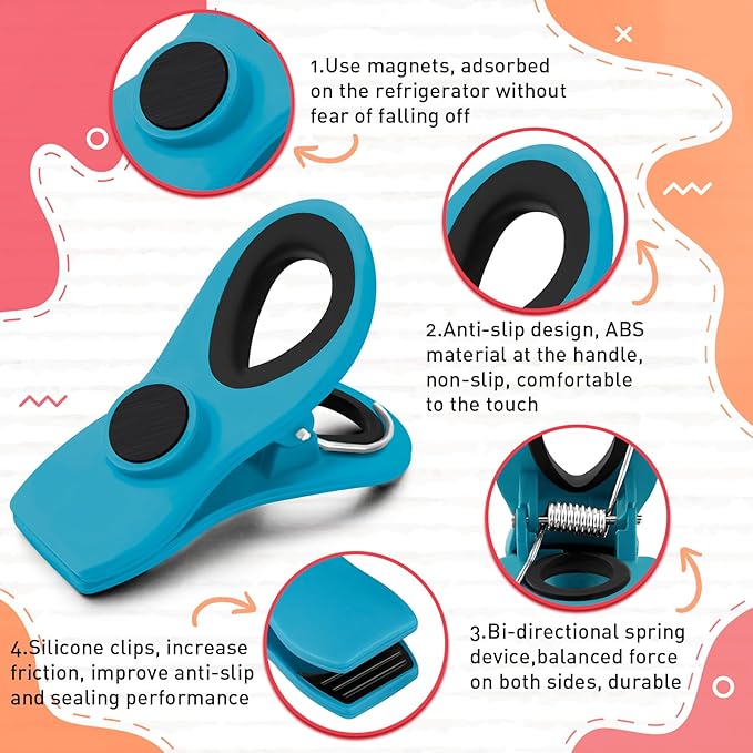FINDMAG 12 Pack Chip Clips, Big Food Clips Blue Magnetic Clip, Magnetic Bag Clip with Airtight Seal for Chips, Bread, Snacks, Fridge Organize, Kitchen Storage, Note