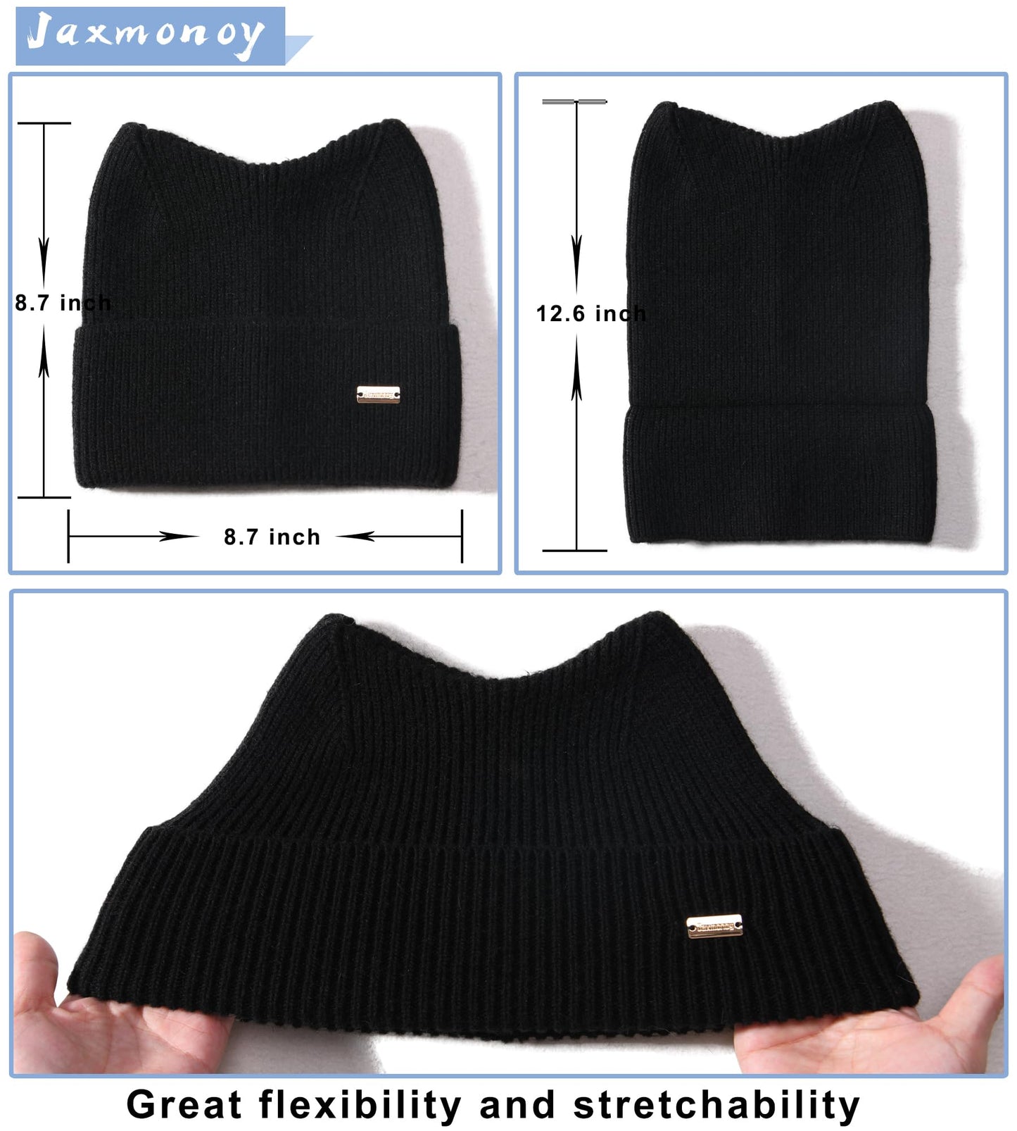 jaxmonoy Winter Cute Cat Ear Knitted Beanie Hats for Women and Men Soft Warm Knit hat Ladies Skull Beanies Cap - Black