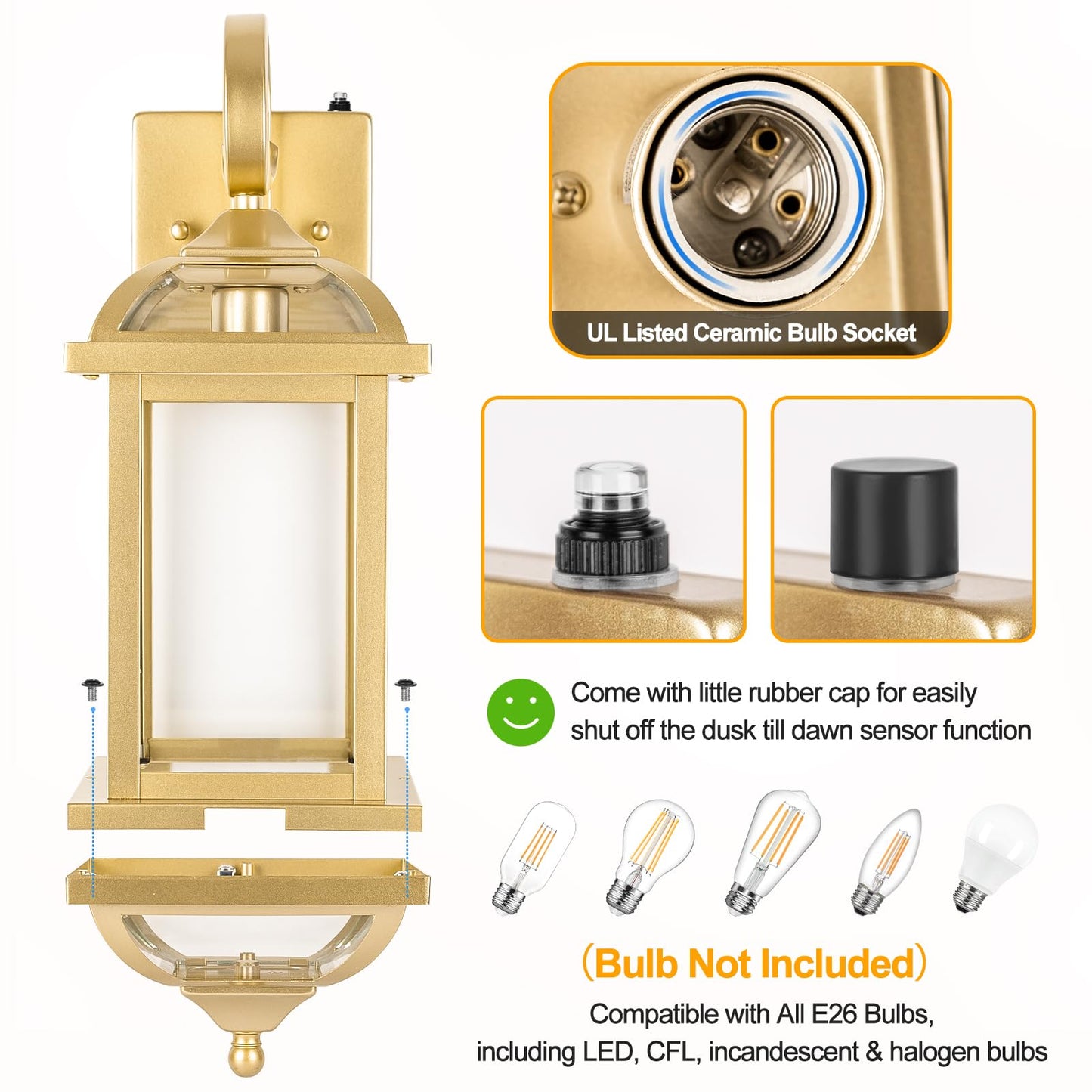 Roravilila Golden Outdoor Sconces 2-Pack, Ip65 Waterproof Aluminum Wall Lanterns With Dusk To Dawn Sensor